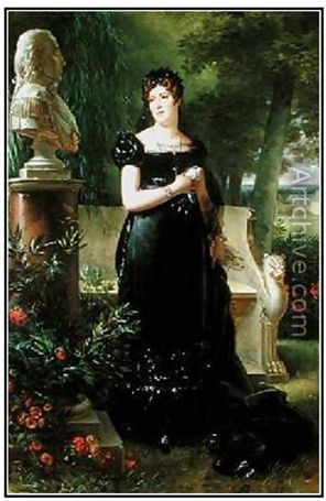 This is a reproduction of an original portrait showing Madame bessieres, dressed in morning with the bust of her husband that is in the hall of heros in paris. Reproductions are available at http://www.artchive.com/web_gallery/R/Robert-Jacques-Francois-Faust-Lefevre/Portrait-of-Madame-Bessieres.html 