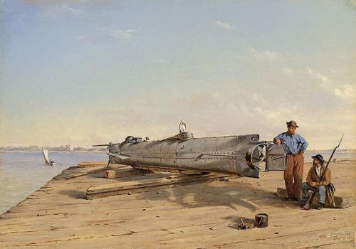 Oil on panel painting entitled "Submarine Torpedo Boat H.L. Hunley, Dec. 6, 1863" by Conrad Wise Chapman. Painted in 1864, on display in the American Civil War Museum