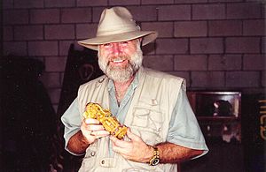 Dr. E. Lee Spence with priceless, ruby studded, over one kilo, 22 kt gold sword handle once owned by 19th century pirate kings of Bali. It was part of a hoard of treasure hidden from the Dutch forces who invaded Java for the purpose of driving out the pirates. (Photo credit: Wikipedia)