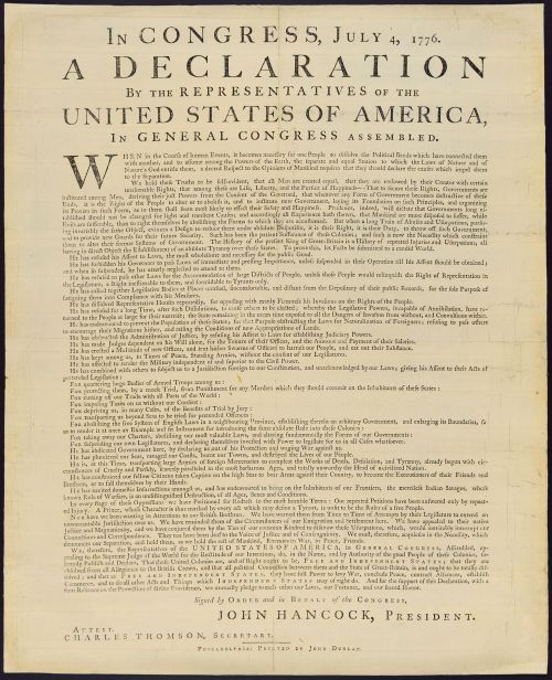 The Dunlap Broadside Printed the night of July 4, 1776.